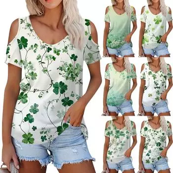 Женская летняя модная повседневная футболка без бретелек с v-образным вырезом и коротким рукавом с принтом, топ M