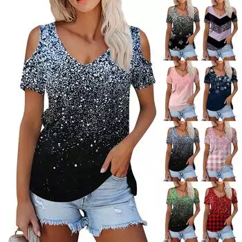 Женская летняя модная повседневная футболка без бретелек с v-образным вырезом и коротким рукавом с принтом, топ M зелёный