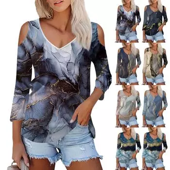 Женская летняя модная повседневная футболка с цветным принтом без бретелек с v-образным вырезом и семью рукавами, топ XL