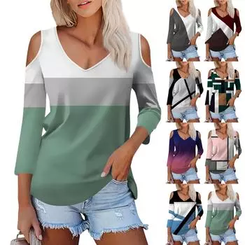 Женская летняя модная повседневная футболка с цветным принтом без бретелек с v-образным вырезом и семью рукавами, топ L синий