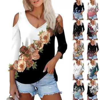 Женская летняя модная повседневная футболка с цветным принтом без бретелек с v-образным вырезом и семью рукавами, топ L