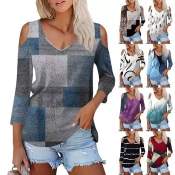 Женская летняя модная повседневная футболка с цветным принтом без бретелек с v-образным вырезом и семью рукавами, топ S белый