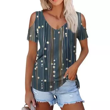 Женская летняя модная повседневная футболка с цветочным принтом без бретелек с v-образным вырезом и коротким рукавом, топ XXXL тёмно-синий