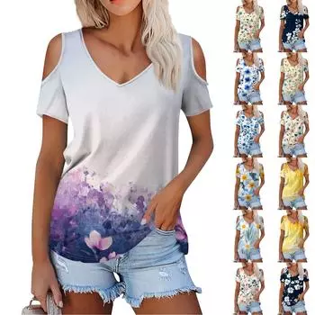 Женская летняя модная повседневная футболка с цветочным принтом, открытыми плечами, V-образным вырезом и короткими рукавами L чёрный