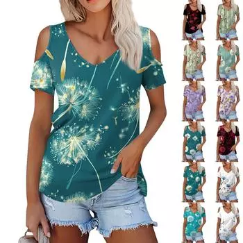Женская летняя модная повседневная футболка с цветочным принтом, открытыми плечами, V-образным вырезом и короткими рукавами L армия зеленый