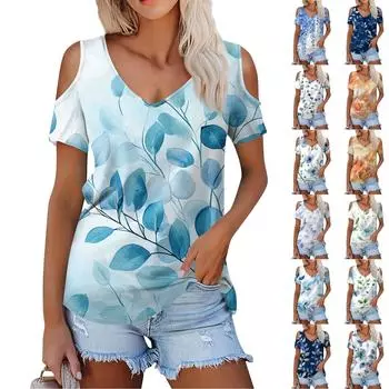 Женская летняя модная повседневная футболка с цветочным принтом, открытыми плечами, V-образным вырезом и короткими рукавами L синий
