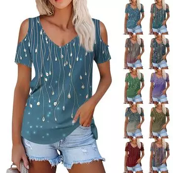 Женская летняя модная повседневная футболка с цветочным принтом без бретелек с v-образным вырезом и коротким рукавом, топ M