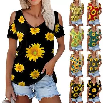 Женская летняя модная повседневная футболка с короткими рукавами и v-образным вырезом с принтом подсолнечника, топ L чёрный