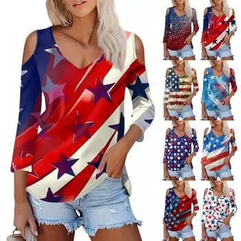 Женская летняя модная повседневная футболка с открытыми плечами и рукавами 3/4 с принтом и v-образным вырезом L синий