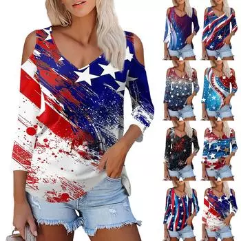 Женская летняя модная повседневная футболка с открытыми плечами и рукавами 3/4 с принтом и v-образным вырезом L чёрный