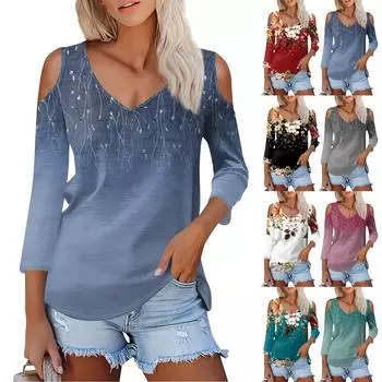 Женская летняя модная повседневная футболка с открытыми плечами и рукавами 3/4 с принтом и v-образным вырезом L чёрный