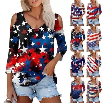 Женская летняя модная повседневная футболка с открытыми плечами и рукавами 3/4 с принтом и v-образным вырезом L чёрный