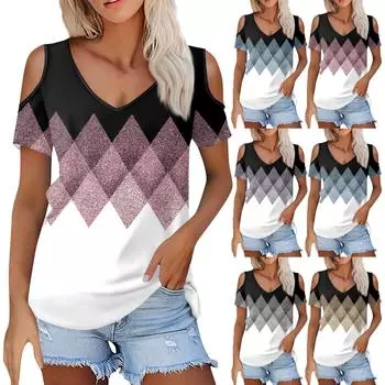 Женская летняя модная повседневная футболка с открытыми плечами и v-образным вырезом с коротким рукавом и принтом, топ L серый