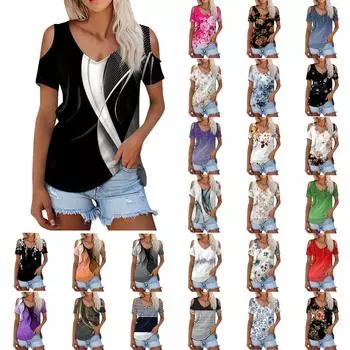 Женская летняя модная повседневная футболка с открытыми плечами и v-образным вырезом с коротким рукавом и принтом, топ XXL