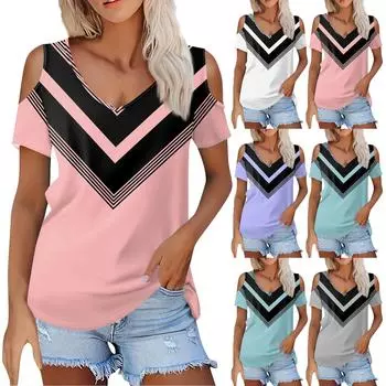 Женская летняя модная повседневная футболка с открытыми плечами и v-образным вырезом с коротким рукавом и принтом, топ L серый