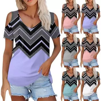 Женская летняя модная повседневная футболка с открытыми плечами и v-образным вырезом с коротким рукавом и принтом, топ L серый