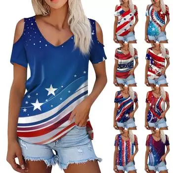 Женская летняя модная повседневная футболка с открытыми плечами и v-образным вырезом с коротким рукавом и принтом, топ L синий