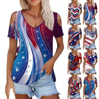 Женская летняя модная повседневная футболка с открытыми плечами и v-образным вырезом с коротким рукавом и принтом, топ L синий