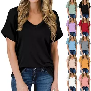 Женская летняя модная повседневная однотонная блузка с V-образным вырезом и коротким рукавом L чёрный