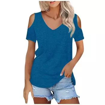 Женская летняя модная повседневная однотонная футболка без бретелек с v-образным вырезом и коротким рукавом, топ L синий