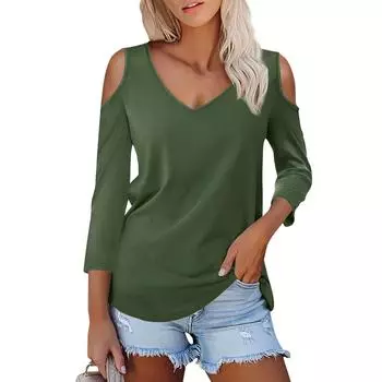 Женская летняя модная повседневная однотонная футболка с v-образным вырезом и принтом без бретелек с семью рукавами, топ L армия зеленый