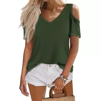 Женская летняя модная повседневная однотонная футболка с v-образным вырезом и коротким рукавом, топ L армия зеленый