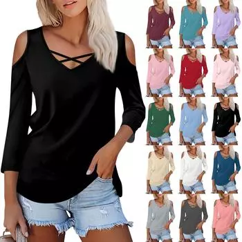 Женская летняя модная повседневная однотонная футболка с v-образным вырезом и принтом без бретелек с семью рукавами, топ L бежевый