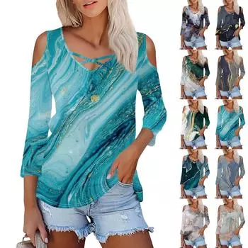 Женская летняя модная повседневная однотонная футболка с v-образным вырезом и принтом без бретелек с семью рукавами, топ L