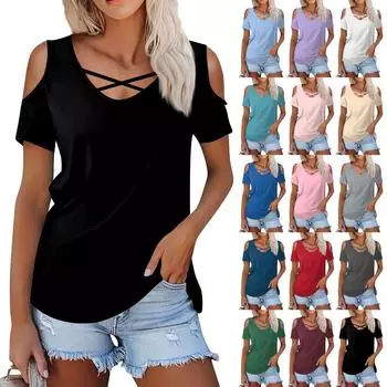 Женская летняя модная повседневная однотонная футболка с v-образным вырезом и коротким рукавом, топ L бежевый