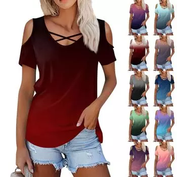 Женская летняя модная повседневная однотонная футболка с v-образным вырезом и коротким рукавом, топ L синий