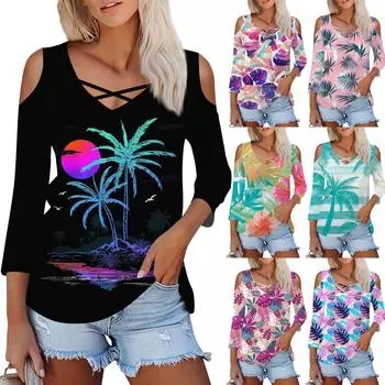 Женская летняя модная повседневная однотонная футболка с v-образным вырезом и принтом без бретелек с семью рукавами, топ L чёрный