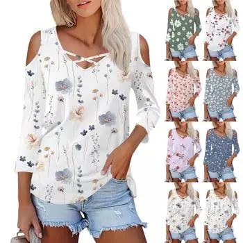 Женская летняя модная повседневная однотонная футболка с v-образным вырезом и принтом без бретелек с семью рукавами, топ L синий