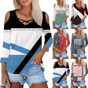 Женская летняя модная повседневная однотонная футболка с v-образным вырезом и принтом без бретелек с семью рукавами, топ L синий