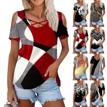 Женская летняя модная повседневная однотонная футболка с v-образным вырезом и коротким рукавом, топ L чёрный