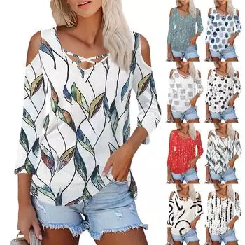 Женская летняя модная повседневная однотонная футболка с v-образным вырезом и принтом без бретелек с семью рукавами, топ L синий