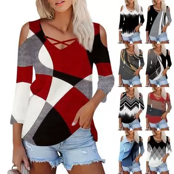 Женская летняя модная повседневная однотонная футболка с v-образным вырезом и принтом без бретелек с семью рукавами, топ L чёрный