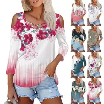 Женская летняя модная повседневная однотонная футболка с v-образным вырезом и принтом без бретелек с семью рукавами, топ L