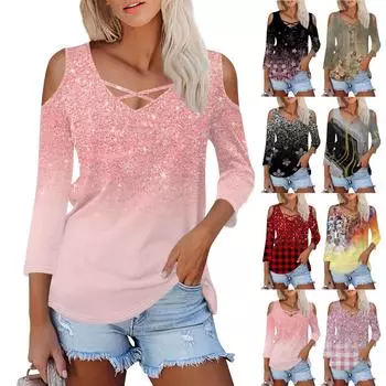 Женская летняя модная повседневная однотонная футболка с v-образным вырезом и принтом без бретелек с семью рукавами, топ L розовый