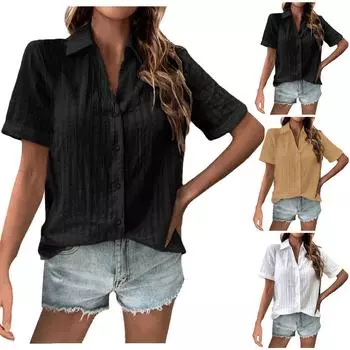 Женская летняя модная повседневная однотонная рубашка из хлопка и конопли с v-образным вырезом и короткими рукавами, футболка