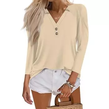 Женская летняя модная повседневная однотонная рубашка с v-образным вырезом и воротником на пуговицах с семиточечным принтом, топ L бежевый
