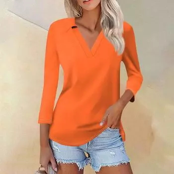 Женская летняя модная повседневная однотонная рубашка с v-образным вырезом и семью рукавами с принтом, топ M шафрановый