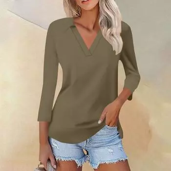Женская летняя модная повседневная однотонная рубашка с v-образным вырезом и семью рукавами с принтом, топ S бронзовый