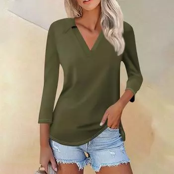 Женская летняя модная повседневная однотонная рубашка с v-образным вырезом и семью рукавами с принтом, топ L