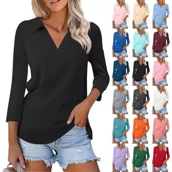 Женская летняя модная повседневная однотонная рубашка с v-образным вырезом и семью рукавами с принтом, топ S