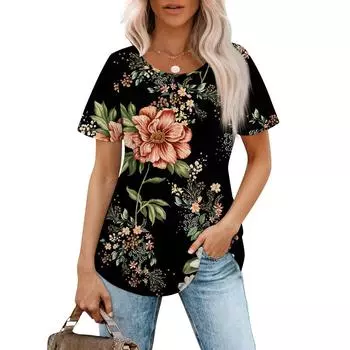 Женская летняя модная повседневная плиссированная футболка с коротким рукавом и круглым вырезом с принтом Топ