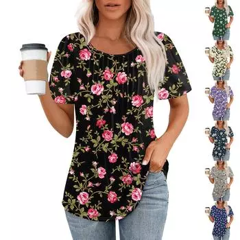 Женская летняя модная повседневная плиссированная футболка с коротким рукавом и круглым вырезом с принтом Топ L чёрный