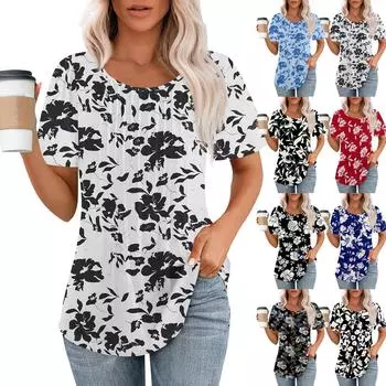 Женская летняя модная повседневная плиссированная футболка с коротким рукавом и круглым вырезом с принтом Топ L чёрный