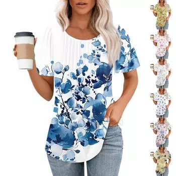 Женская летняя модная повседневная плиссированная футболка с коротким рукавом и круглым вырезом с принтом Топ L синий