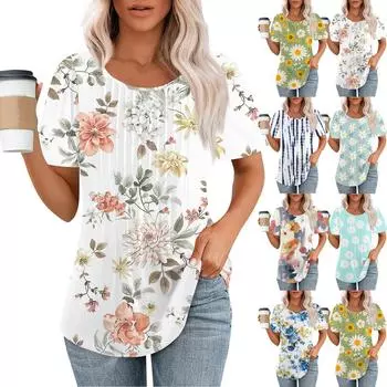 Женская летняя модная повседневная плиссированная футболка с коротким рукавом и круглым вырезом с принтом Топ L