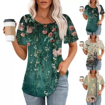 Женская летняя модная повседневная плиссированная футболка с коротким рукавом и круглым вырезом с принтом Топ L темно-зеленого